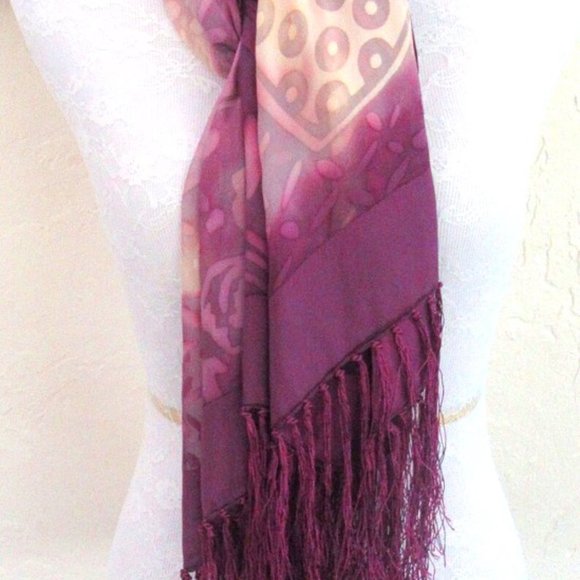 Purple & cream sheer silk & rayon 70" shawl scarf fringed abstract pattern - Picture 3 of 8